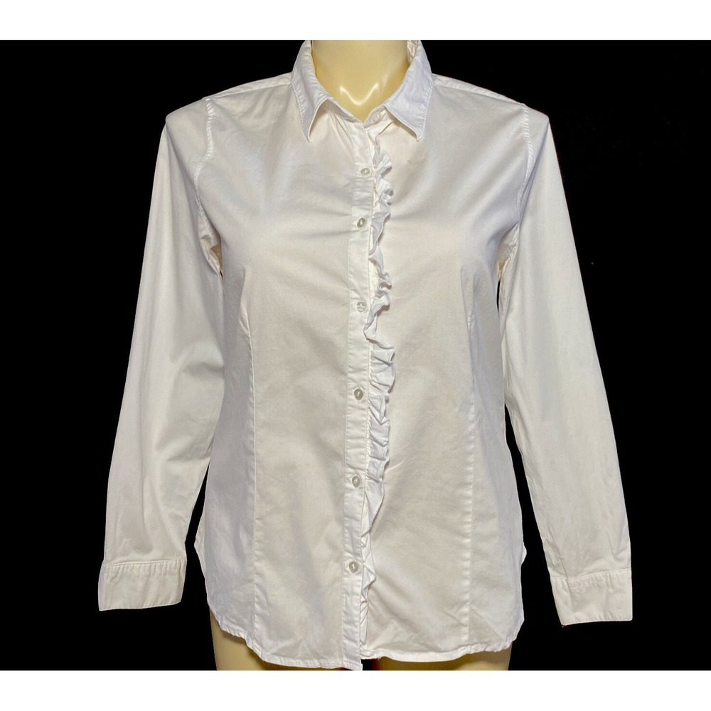 Sabie Shirt  XL White Ruffle Button Collar Long Sl Stretch Solid Business Casual